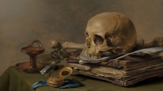 A painting in the vanitas tradition of a skull, tipped wineglass, timepiece, and book. Vanitas teaches us to be reminiscent of our mortality, or "Memento mori." (Pieter Claesz, Vanitas Still Life | Mauritshuis)