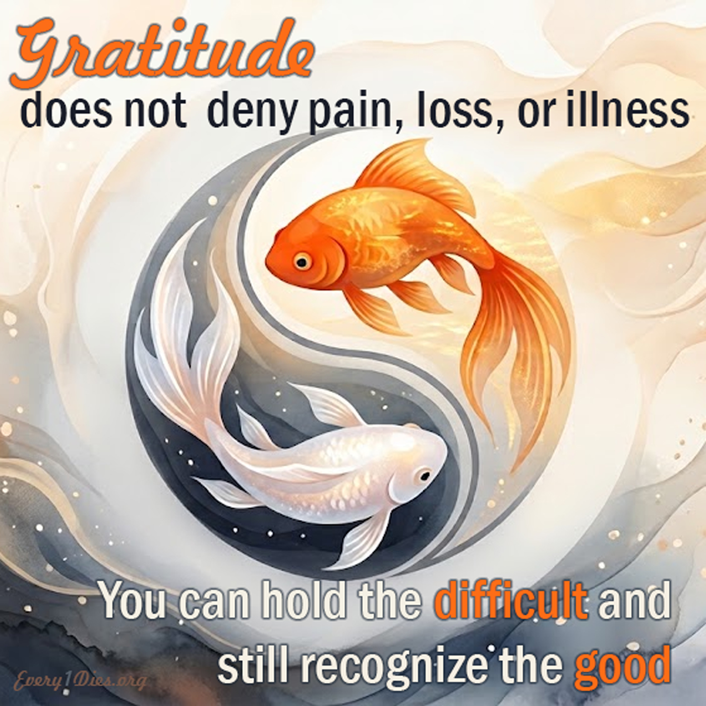Goldfish with a watercolor wash of gold and deep blue. One goldfish is orange and the other is white, and circling each other over a yin-yang symbol. 