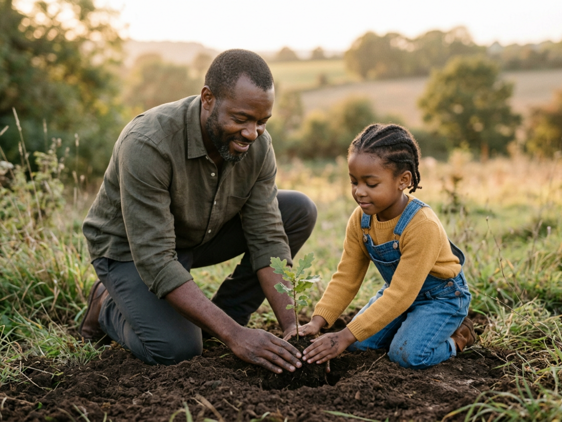 An African-American father and his daughter tenderly planting an oak seedling. The scene is soft and warm with a setting sun over rolling fields.