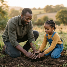 An African-American father and his daughter tenderly planting an oak seedling. The scene is soft and warm with a setting sun over rolling fields.