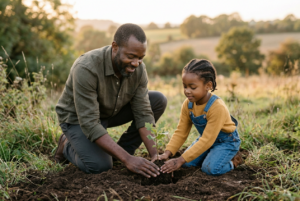 An African-American father and his daughter tenderly planting an oak seedling. The scene is soft and warm with a setting sun over rolling fields.