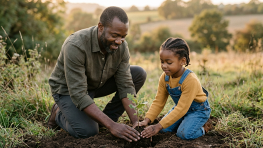 An African-American father and his daughter tenderly planting an oak seedling. The scene is soft and warm with a setting sun over rolling fields.
