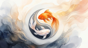 Goldfish with a watercolor wash of gold and deep blue. One goldfish is orange and the other is white, and circling each other over a yin-yang symbol.