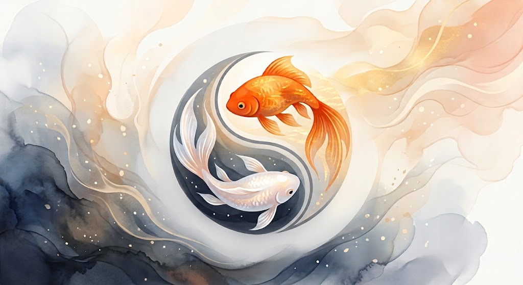 Goldfish with a watercolor wash of gold and deep blue. One goldfish is orange and the other is white, and circling each other over a yin-yang symbol.