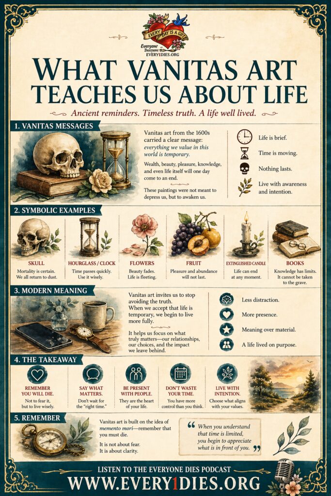 An infographic about what vanitas art teaches us about life. Sections analyze symbology, modern meaning and takeaways.