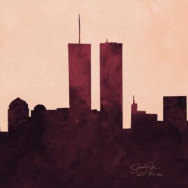 A watercolor of the trade towers commemorating 9/11 and the many people who died during and even many years after the events