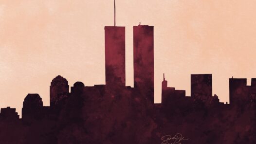 A watercolor of the trade towers commemorating 9/11 and the many people who died during and even many years after the events