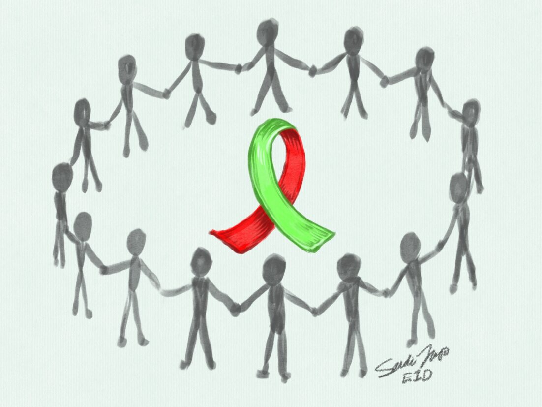 A dual-colored non-Hodgkin's (lime green) / all blood cancers (red) cancer awareness ribbon. The ribbon is surrounded by figures holding hands, representing the village of people that support someone in their cancer journey.