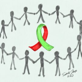 A dual-colored non-Hodgkin's (lime green) / all blood cancers (red) cancer awareness ribbon. The ribbon is surrounded by figures holding hands, representing the village of people that support someone in their cancer journey.