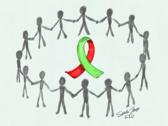 A dual-colored non-Hodgkin's (lime green) / all blood cancers (red) cancer awareness ribbon. The ribbon is surrounded by figures holding hands, representing the village of people that support someone in their cancer journey.