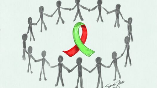 A dual-colored non-Hodgkin's (lime green) / all blood cancers (red) cancer awareness ribbon. The ribbon is surrounded by figures holding hands, representing the village of people that support someone in their cancer journey.