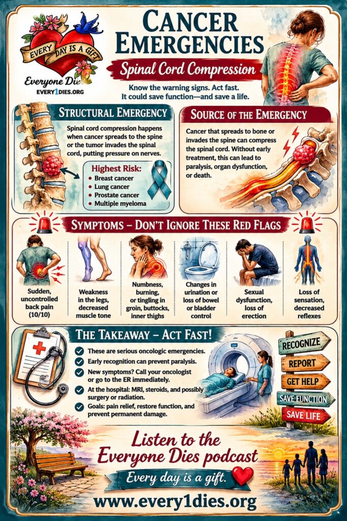 An infographic explaining metastatic spinal cord compression as a cancer emergency when it causes uncontrolled back pain, weakness in the legs, changes in bowel or bladder control, and tingling or decreased sensation. Quick recognition and action can prevent paralysis and save a life.