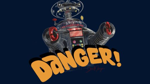 Retro 1960s-style robot illustration inspired by Lost in Space set against a deep navy blue background. The robot extends its mechanical arms and red claw hands outward, with a spinning glass-dome radar head, glowing chest indicators, and the bold orange pop-art word "DANGER!" angled across the front.