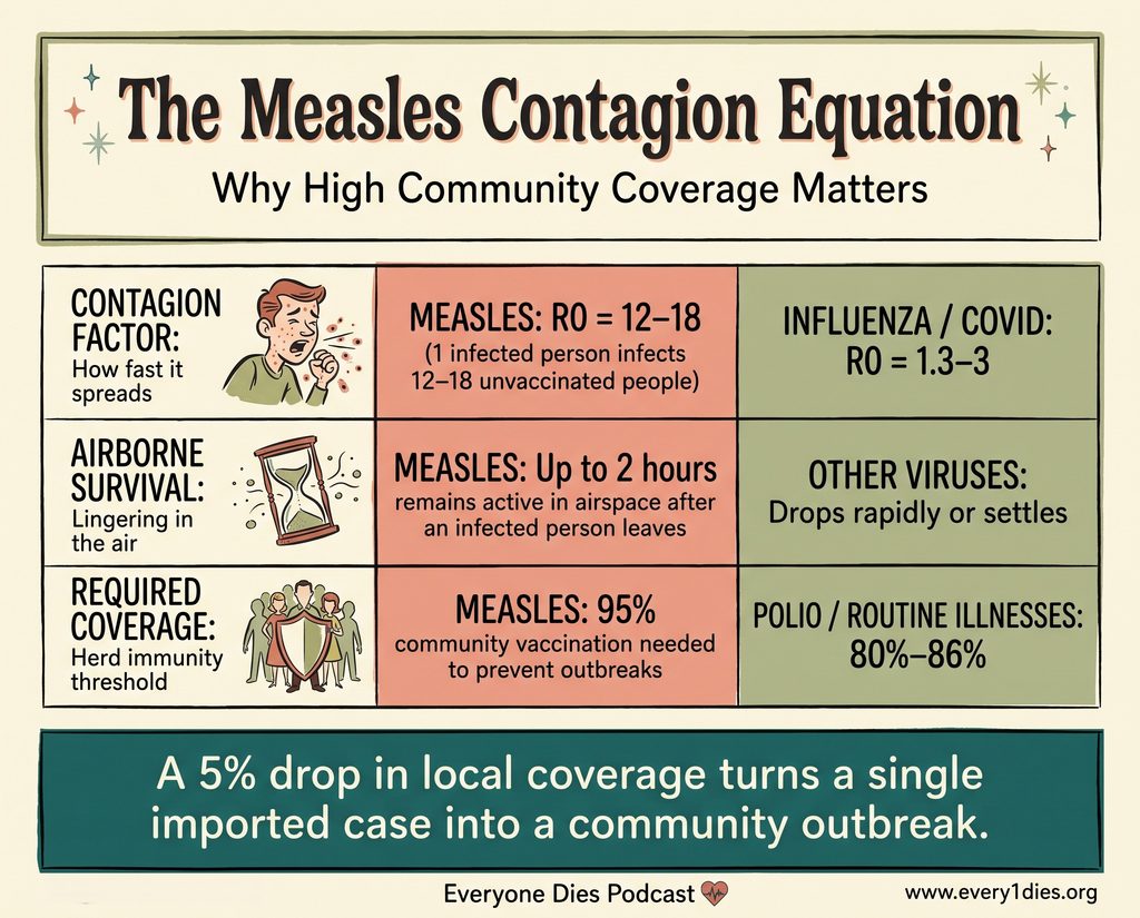 Mid-century modern retro infographic comparing measles contagiousness, airborne survival times, and the 95 percent community vaccination threshold required to prevent outbreaks.