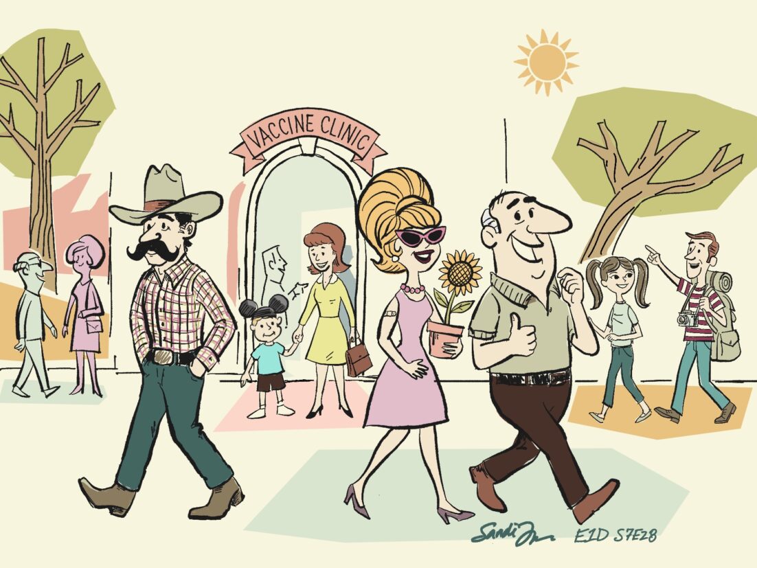 Retro mid-century illustration of a happy, diverse community walking outdoors near a vaccine clinic, enjoying travel, family, and active living uninterrupted by illness. Learn why immunizations are key in this S7E28 episode.
