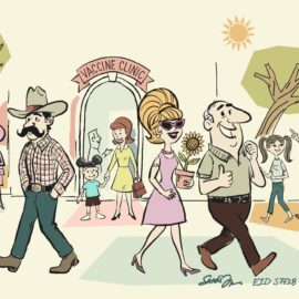 Retro mid-century illustration of a happy, diverse community walking outdoors near a vaccine clinic, enjoying travel, family, and active living uninterrupted by illness. Learn why immunizations are key in this S7E28 episode.