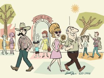 Retro mid-century illustration of a happy, diverse community walking outdoors near a vaccine clinic, enjoying travel, family, and active living uninterrupted by illness. Learn why immunizations are key in this S7E28 episode.