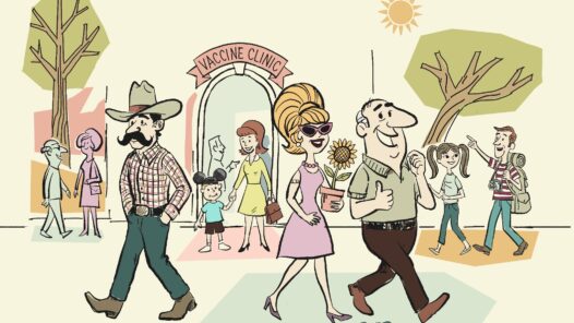 Retro mid-century illustration of a happy, diverse community walking outdoors near a vaccine clinic, enjoying travel, family, and active living uninterrupted by illness. Learn why immunizations are key in this S7E28 episode.