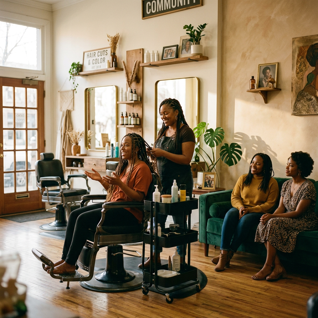 Black women chatting and listening warmly in a sunlit hair salon with vintage barber chairs and a comfortable couch. 
