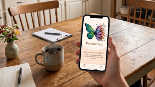 Hand holding a smartphone displaying The Grief App logo at a sunny kitchen table with a morning cup of coffee.