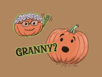Halloween podcast cover artwork for S7E31 featuring a surprised pumpkin asking "GRANNY?" to a floating, glowing ghost pumpkin with grey hair and glasses.