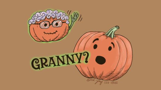 Halloween podcast cover artwork for S7E31 featuring a surprised pumpkin asking "GRANNY?" to a floating, glowing ghost pumpkin with grey hair and glasses.