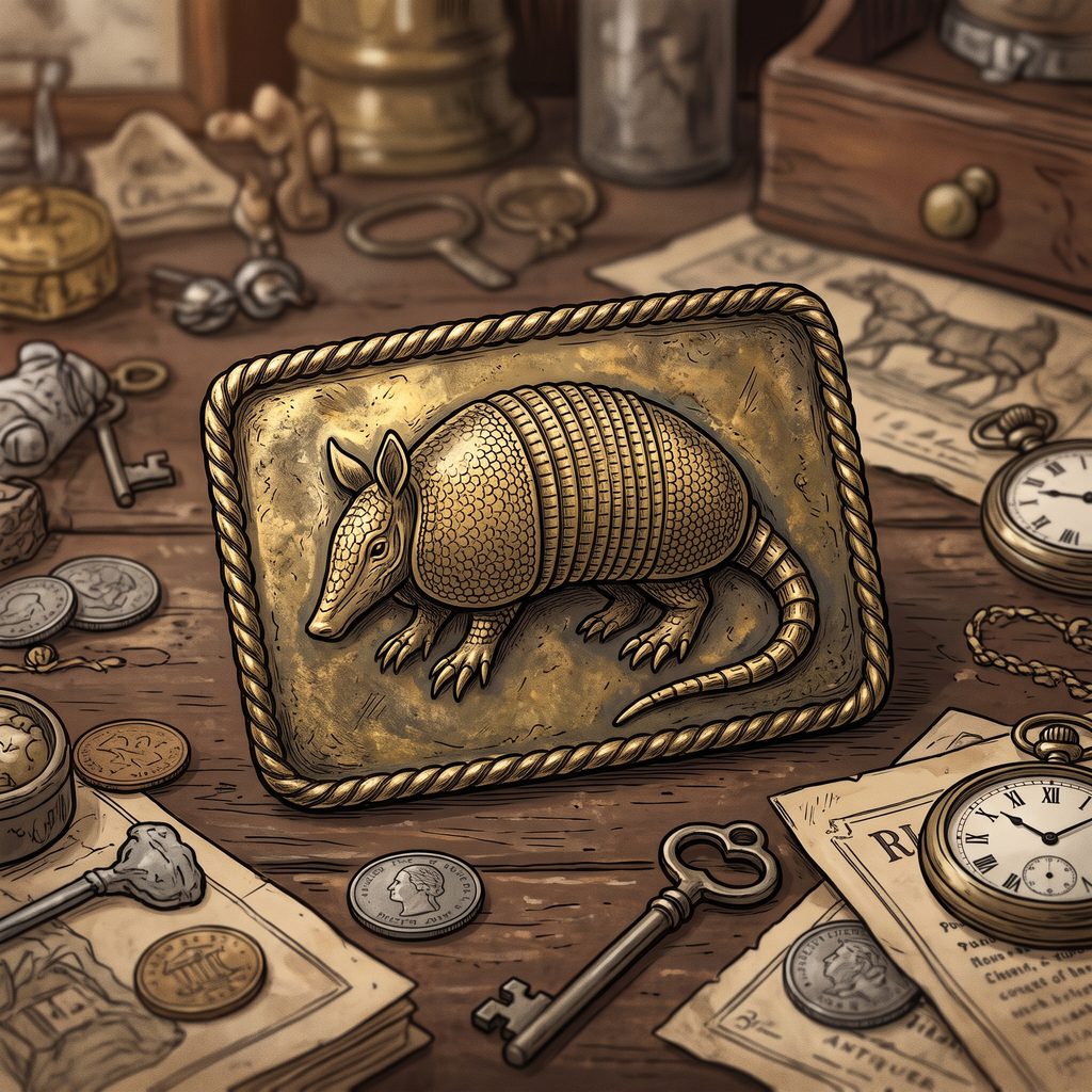 An illustrative line-art and warm-colored image of a 3-by-4-inch rectangular western brass belt buckle. The center features a detailed raised armadillo enclosed within a rope-patterned border. The buckle rests on a rustic wooden table surrounded by vintage curiosities, including skeleton keys, old coins, pocket watches, and aged paper documents. The armadillo was a sign received as a form of after death communication.